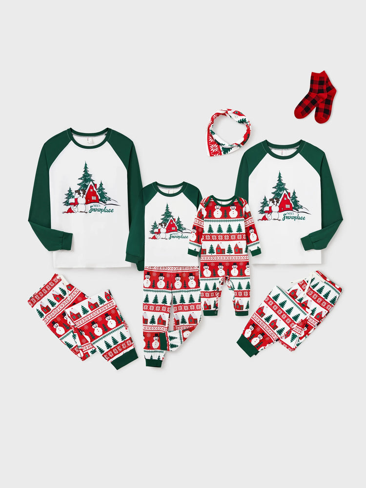 Christmas Matching Family Pajamas Set Snowman and Christmas Tree Print White PJS with Christmas Socks ( Defective Product) Dark Green