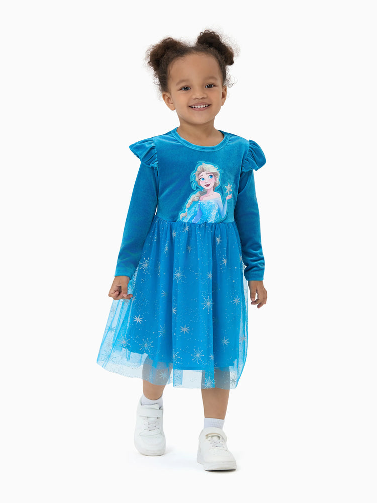 Disney Die Eiskönigin Kleinkind Mädchen Elsa Kleid aus gespleißtem Samt mit Flutterärmeln blau