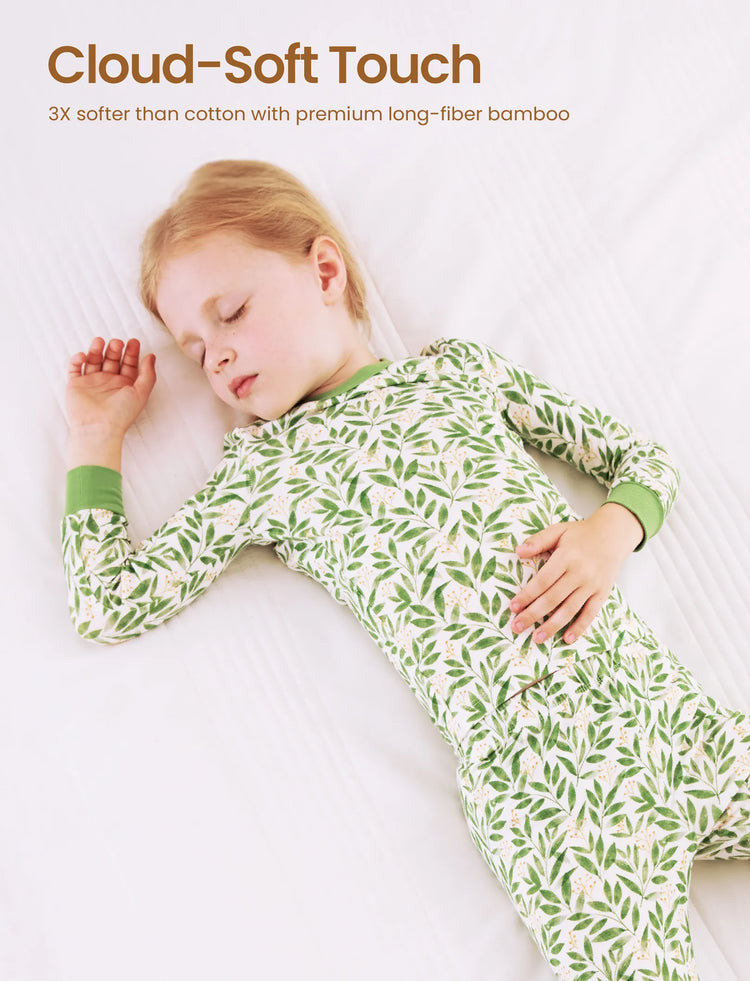 Pyjama de Noël/Halloween 2 pièces en bambou avec imprimé enfantin pour bébé/enfant (coupe ajustée) vert