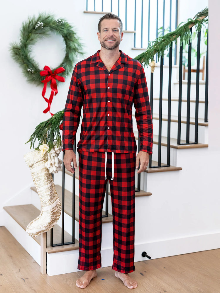 Christmas Matching Family Pajamas Set Allover Red Grid Print Long-sleeve Collared PJS with Christmas Socks Red