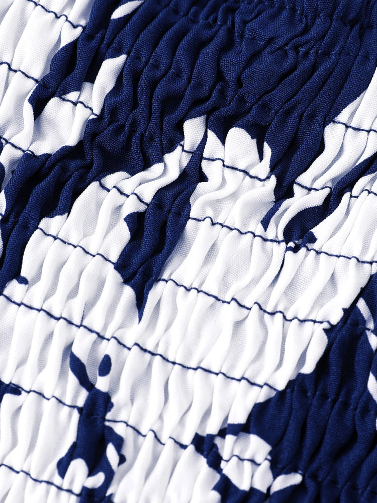 Ensemble familial assorti avec chemise à manches courtes ou robe froncée à imprimé feuilles bleu