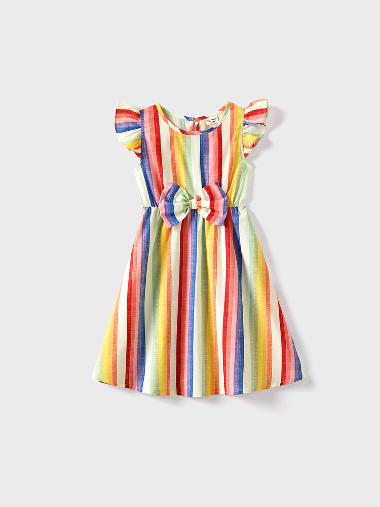 Family Matching Colorful Striped V Neck Flutter-sleeve Dresses and Short-sleeve T-shirts Sets COLOREDSTRIPES