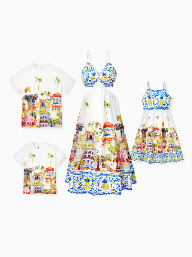 Mommy & me Vacation Set Tropical Pineapple Coconut Tree Print Short-sleeve T-shirt or Hollow out Strap Dress for Summer Vacation White
