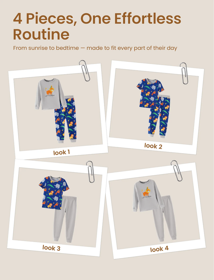 Kleinkind / Kinder 4-teiliger Pyjama aus Bio-Baumwolle 4-in-1 PJ Snug Fit Pjs für Mädchen / Jungen grau