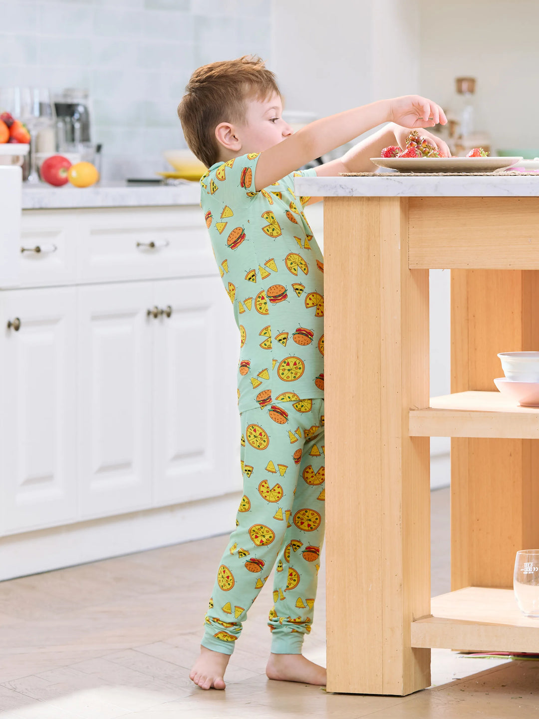 Pyjamas famille bambou vert menthe Papa & Fils Ensemble pyjama assorti à manches courtes et pantalon long à thème nourriture mignonne (ajusté pour enfants) Bleu clair