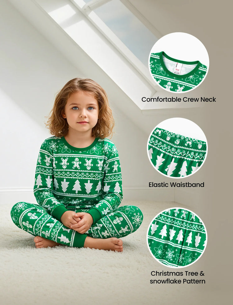 Christmas Matching Family Pajamas Set Gingerbread Man and Snowflake Pattern Long-sleeve Green PJS with Christmas Socks Dark Green