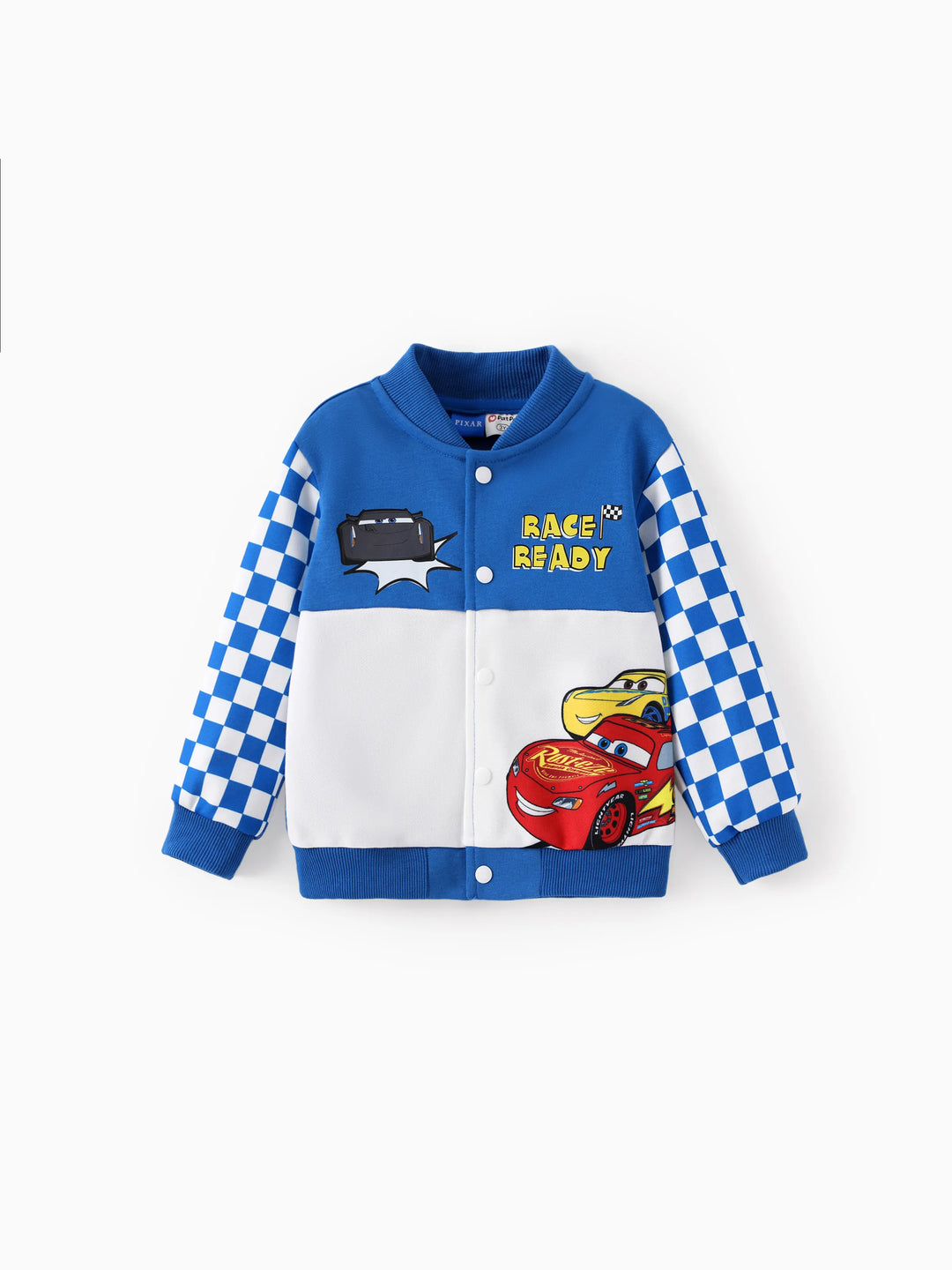 Veste bomber bleue en maille à boutons-pression, motif Cars, pour petit garçon, à l'effigie de Flash McQueen Ramirez.
