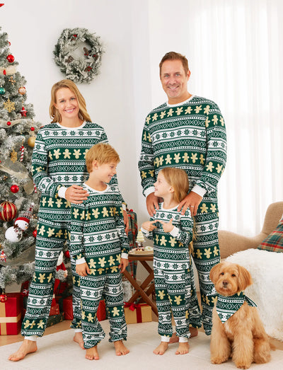 Christmas Family Matching Green Snowflake/Gingerbread Man Pattern Pajamas Sets with Pockets and Drawstring Green