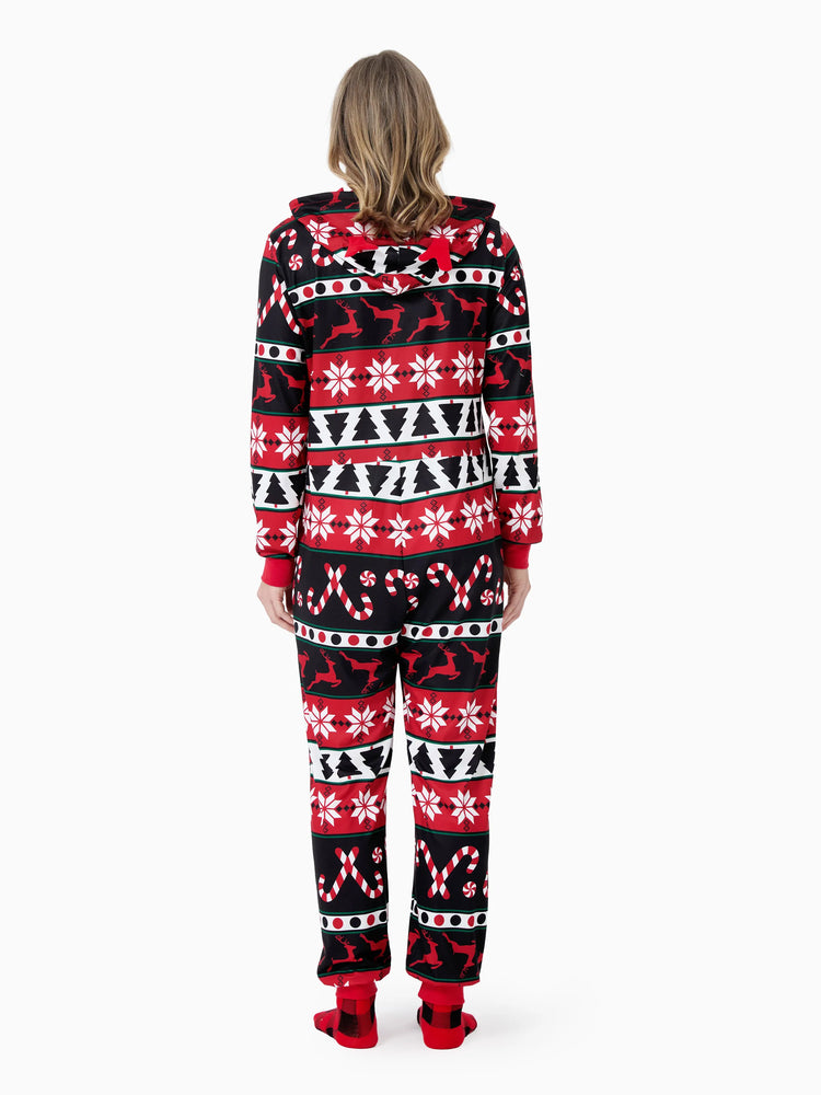Pyjama de Noël à capuche et fermeture éclair, motif renne 3D, tenues familiales assorties, rouge/noir
