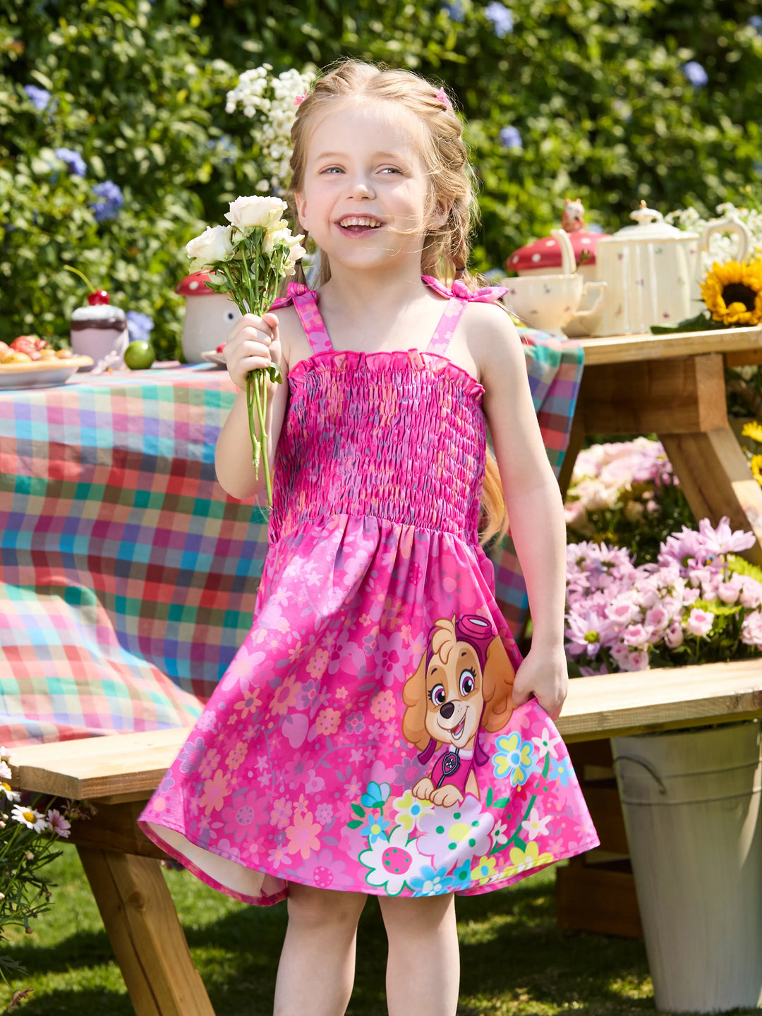 PAW Patrol Toddler Girl 1pc Skye Floral Print Bowknot Smocking Dress Hot Pink