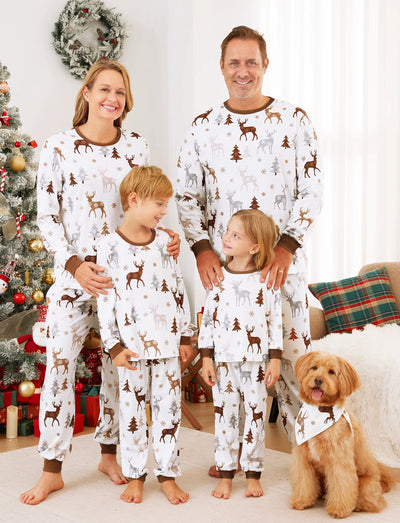 Christmas Family Matching Reindeer&Trees Print Long-sleeve Pajamas Sets White