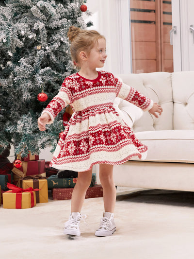 Christmas Toddler Girl Fleece-lining Snowflake Print Dress Red