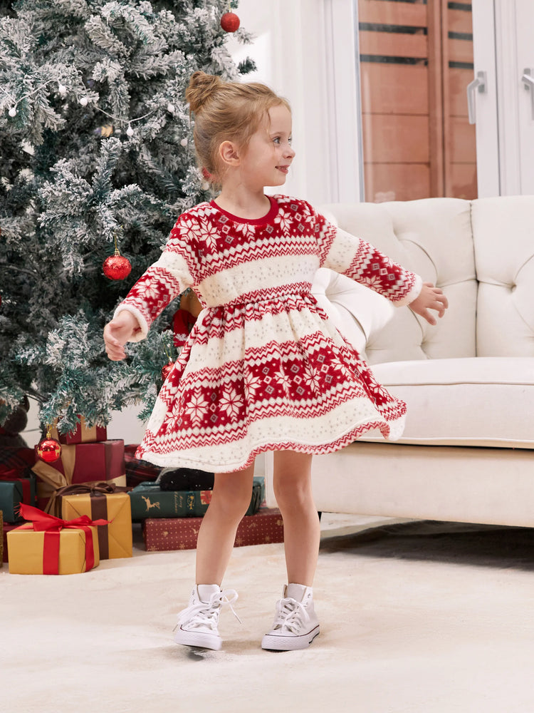 Christmas Toddler Girl Fleece-lining Snowflake Print Dress Red