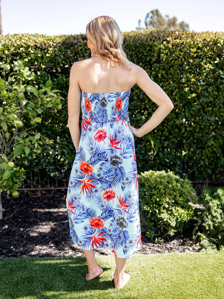 Family Matching Floral Print Short-sleeve Shirt or smocking Strap Dress Light Blue