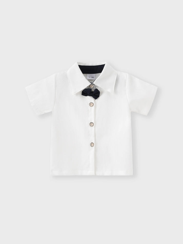 Conjunto de camisa con pajarita y pantalones cortos con tirantes para fiesta de bebé niño, azul oscuro