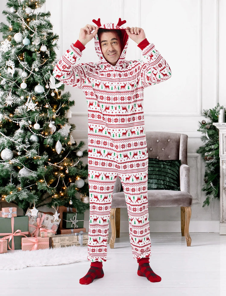 Christmas Matching Family Pajamas Set 3D Reindeer Hooded Allover Snowflake and Reindeer Print Red and White Onesie PJS with Christmas Socks Red+White