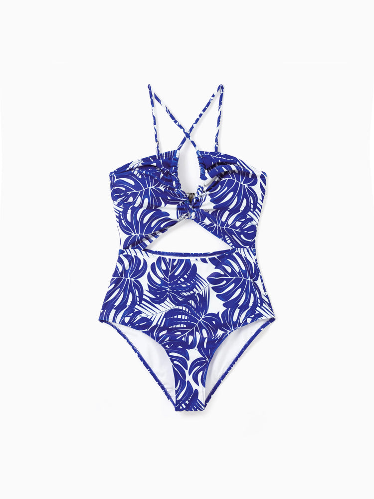 Family Matching Tropical Leaf Print Swim Trunks or Hollow-out Crisscross Straps One-piece Swimsuit Blue