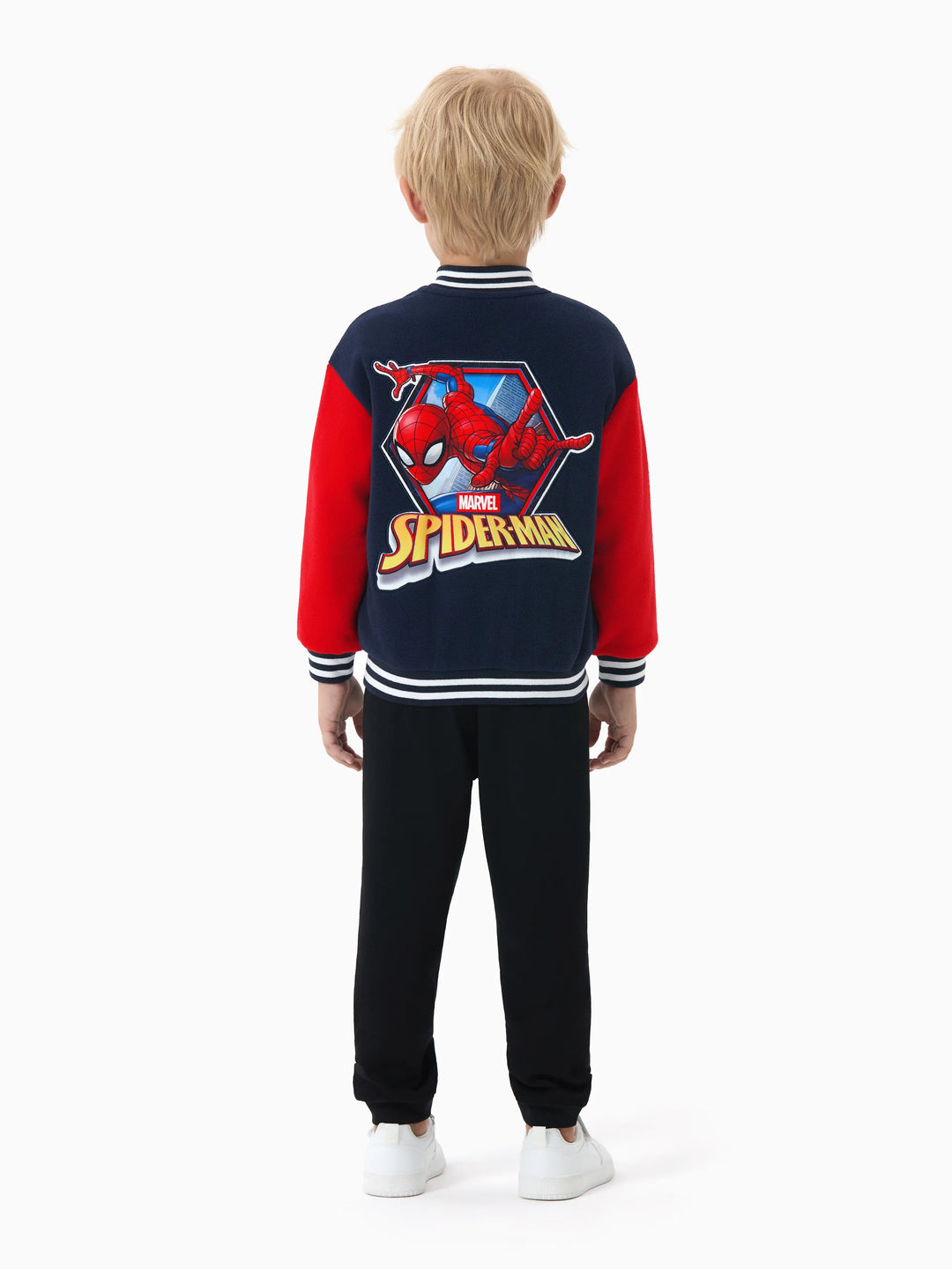 Chaqueta bomber con estampado de personajes de Spiderman en bloques de color de Marvel para niños pequeños/niños, azul oscuro
