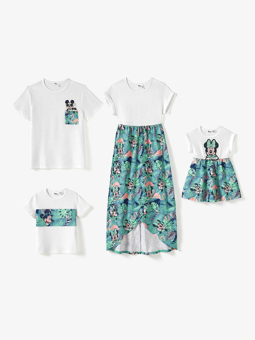 Disney Mickey and Friends Daddy & Son Tropical Botanical Print Waffle Fabric T-shirt greenwhite