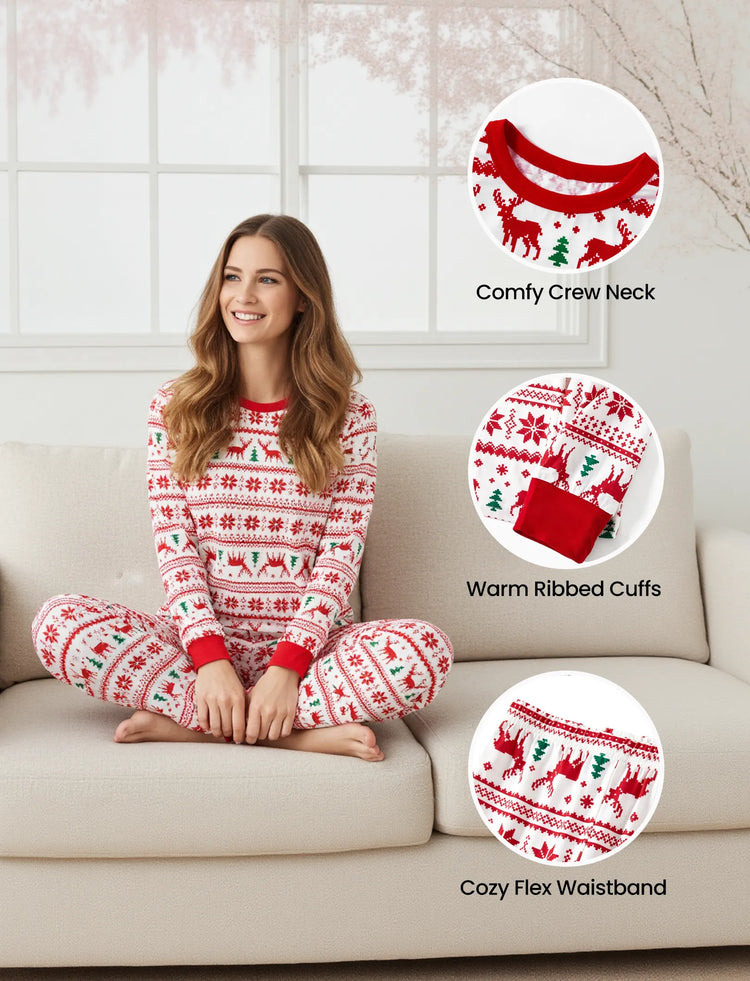 Christmas Reindeer and Snowflake Patterned Family Matching Pajamas Sets Red+White