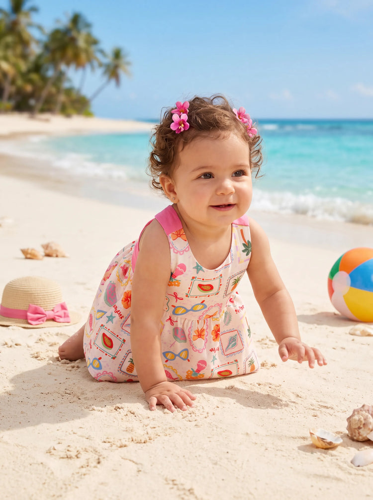 Ocean Vibes Baby Girl Tropical Dress Pink