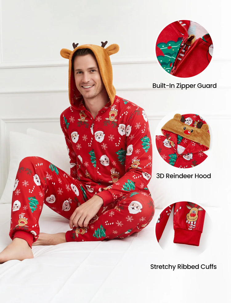 Christmas Family Pajamas Sets 3D Reindeer Hooded Allover Print Onesies Pajamas Red-2