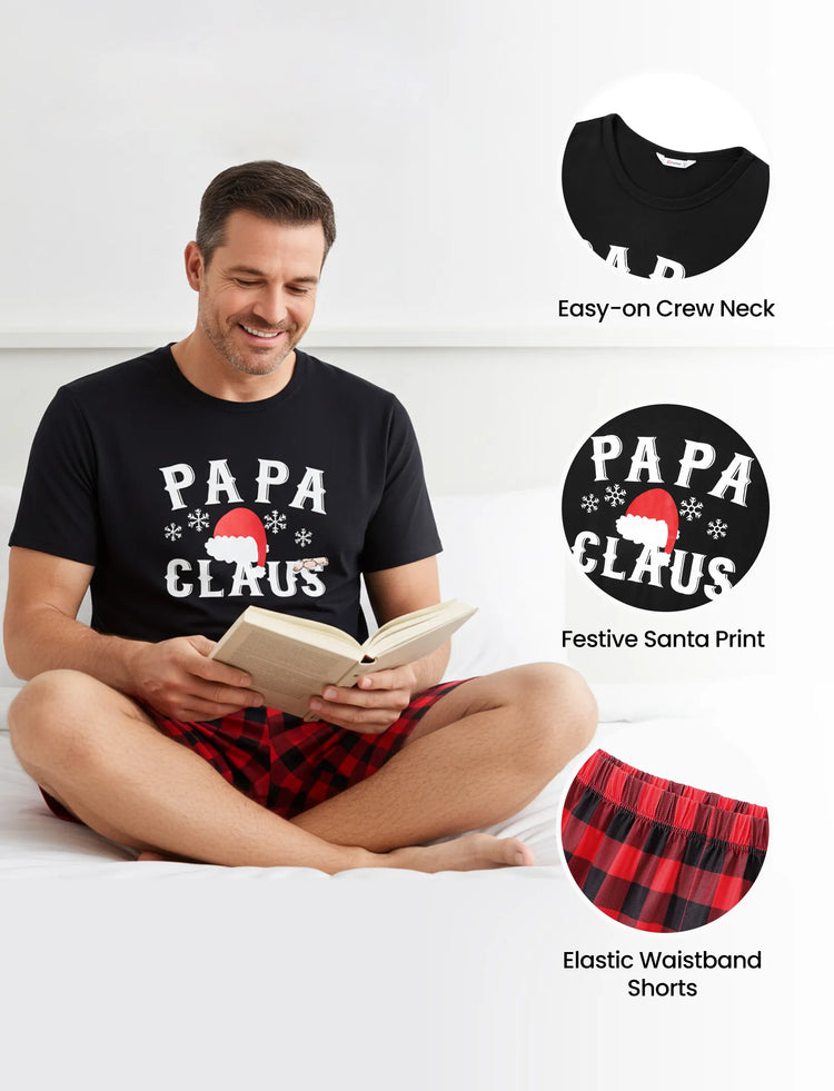 Christmas Hat and Letter Print Black Family Matching Short-sleeve Plaid Pajamas Sets Black