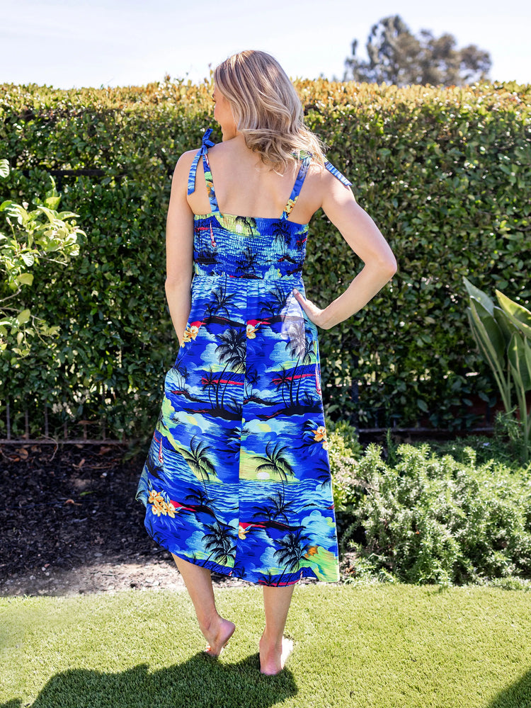 Tenues hawaïennes familiales assorties, chemise/robe à imprimé palmier bleu tropical, ensemble de tenues coordonnées pour les vacances à la plage d'été, bleu