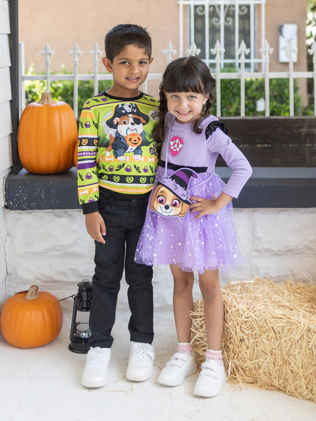 Conjunto de 2 piezas de vestido de tul de manga larga y bolso o sombrero de Skye para Halloween de la Patrulla Canina, color morado