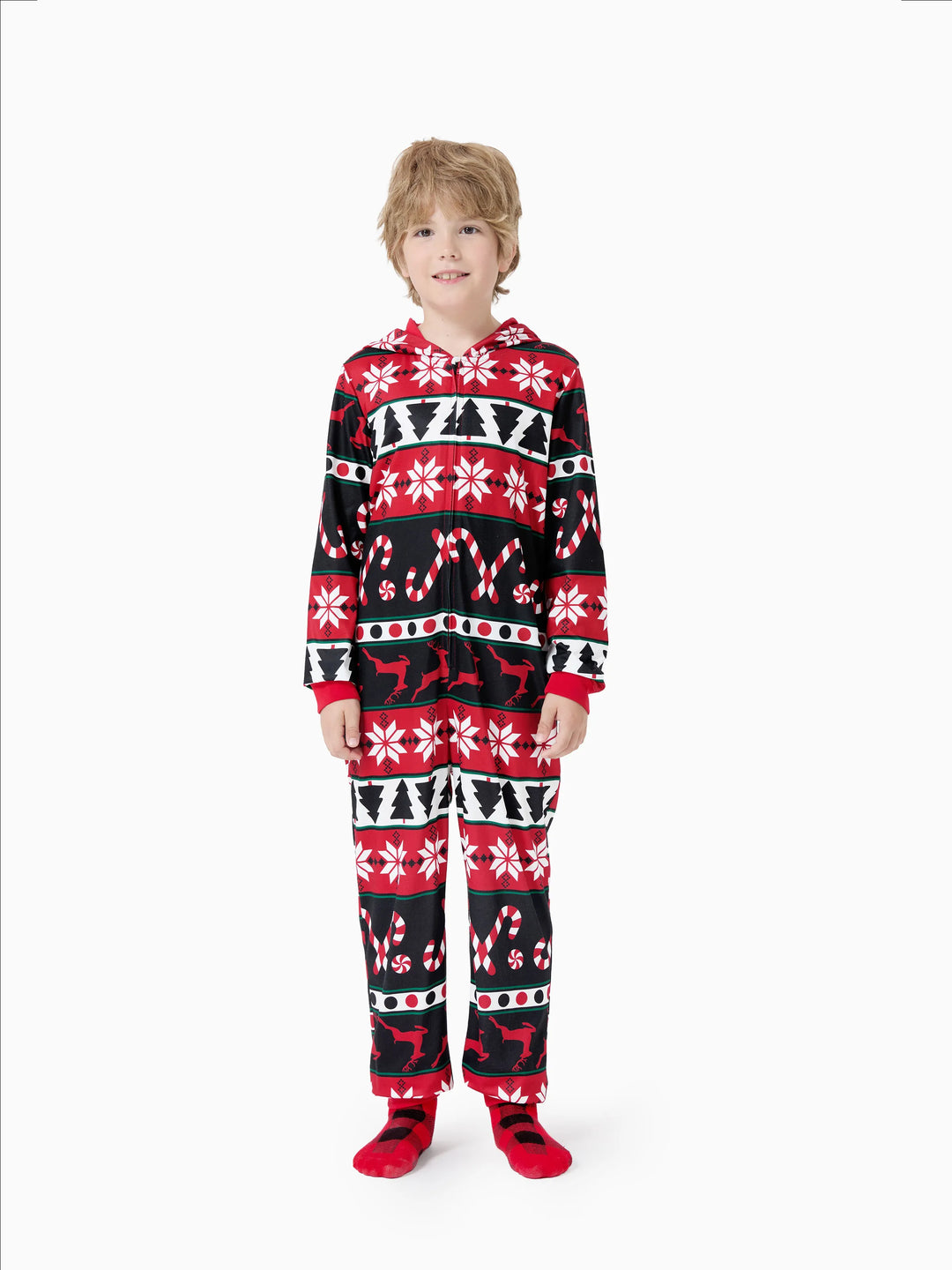 Pyjama de Noël à capuche et fermeture éclair, motif renne 3D, tenues familiales assorties, rouge/noir