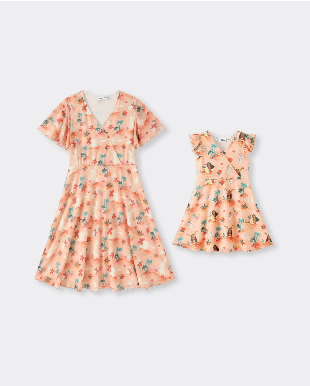Vestido playero naranja floral tropical de cuello en V de mamá e hija de Moana, inspirado en Moana de Disney