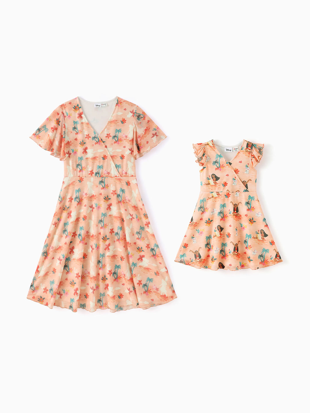 Vestido con cuello en V y estampado floral tropical para niña pequeña/niña Disney Princesa Moana naranja