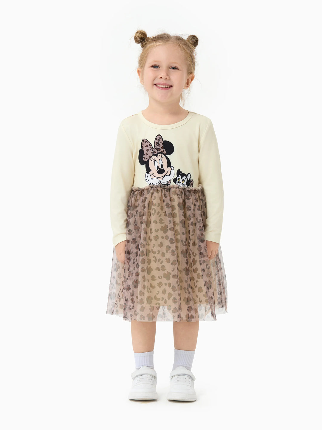 Vestido de tul de manga larga con estampado de Minnie Mouse y Mickey y sus amigos de Disney para niña pequeña, color caqui