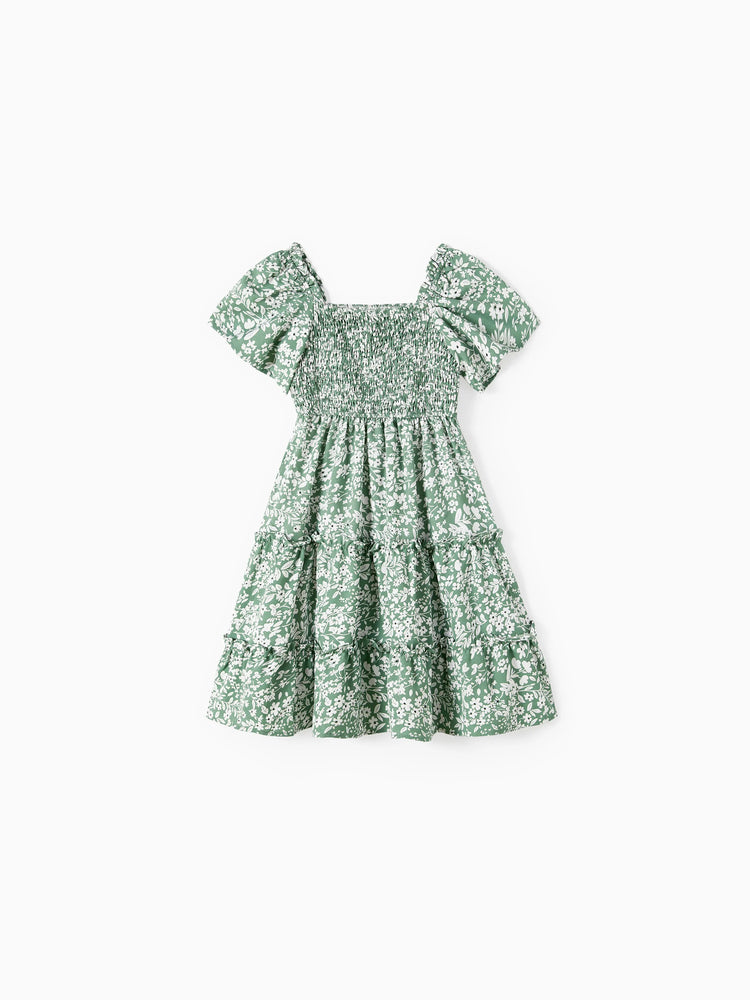 Daddy & Daughter Elegant Broken Flower Matching Outfits for Family, Smocking Design, Medium Thickness Green