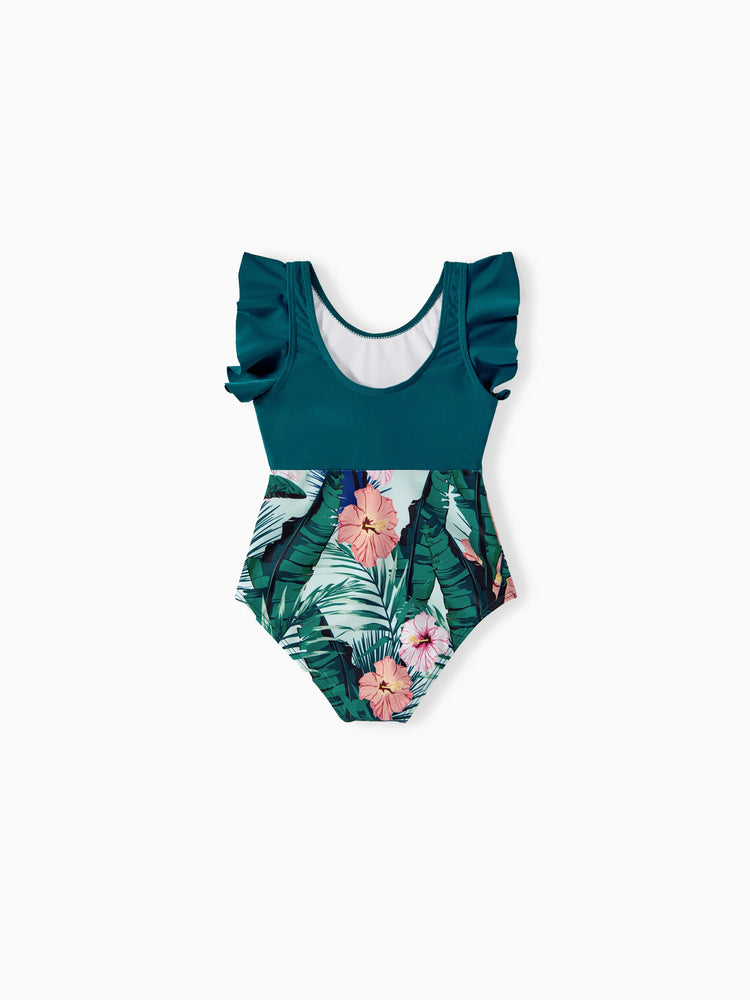 Mommy & me Plant Print Ruffle Trim Spliced One-piece Swimsuit Green