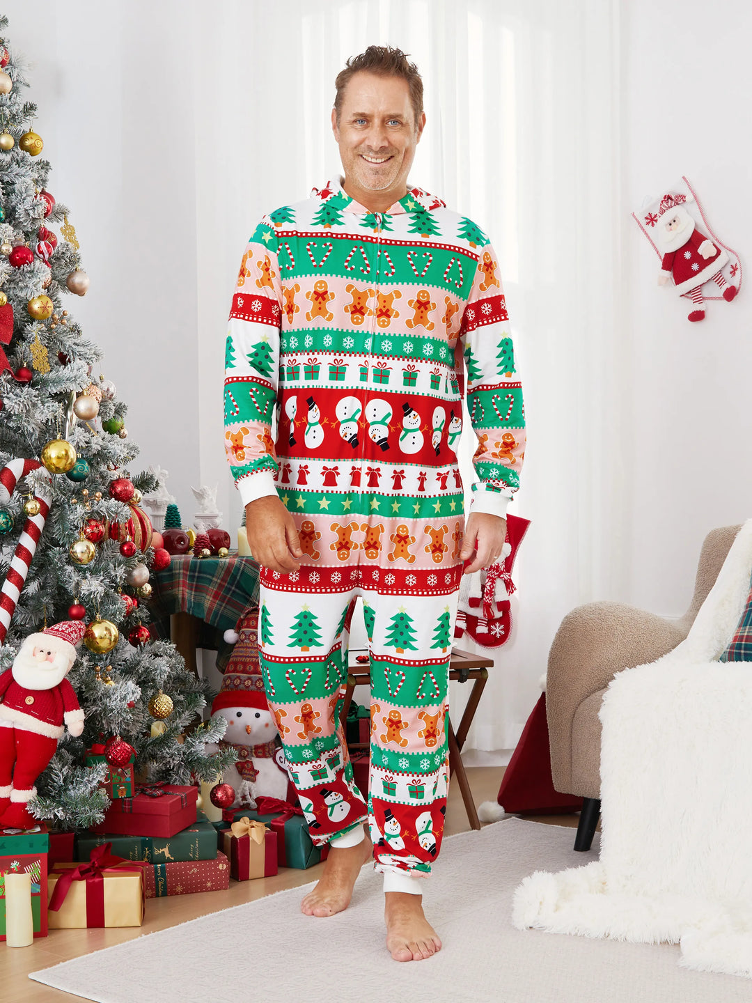 Onesies Pajamas Matching Christmas Outfits Allover Pattern Zipper Front Holly Jolly Print with Christmas Socks Back MultiColour