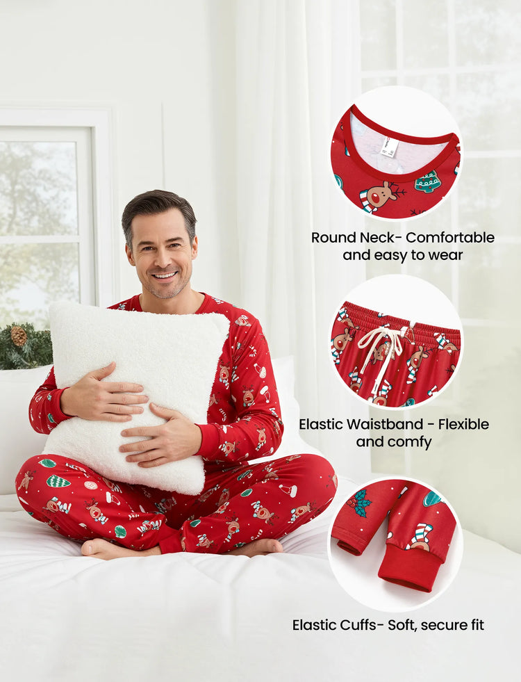 Christmas Matching Family Pajamas Set Cute Reindeer Print Long-sleeve Red PJS with Christmas Socks Red