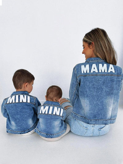 Mom and Me Light Blue Letter Design Long-sleeve Distressed Denim Jackets Light Blue