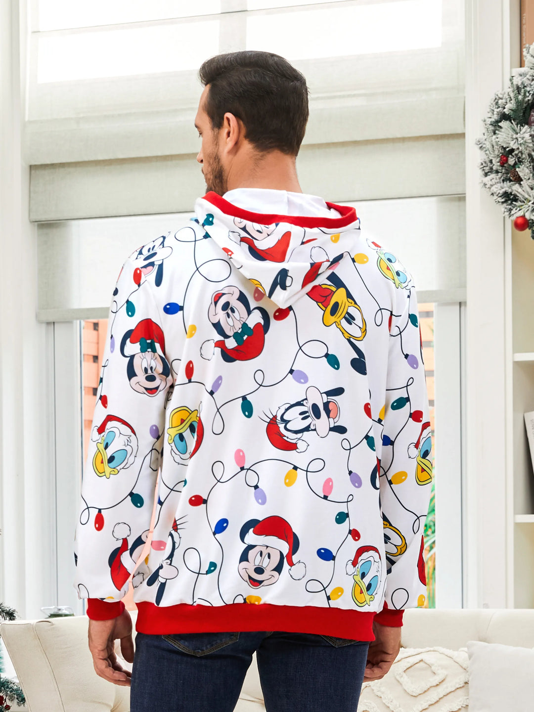 Disney Mickey and Friends Family Matching Christmas Character Allover Hooded Long-sleeve Sweatshirt REDWHITE