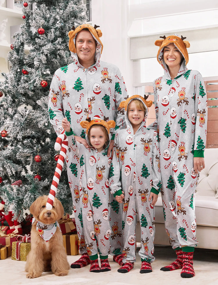 Grey Christmas Pajamas 3D Reindeer Pattern Zipper Onesies Matching Family Outfits Light Grey