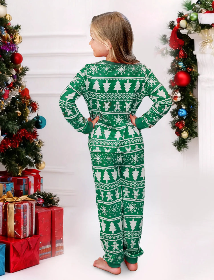 Christmas Matching Family Pajamas Set Gingerbread Man and Snowflake Pattern Long-sleeve Green PJS with Christmas Socks Dark Green
