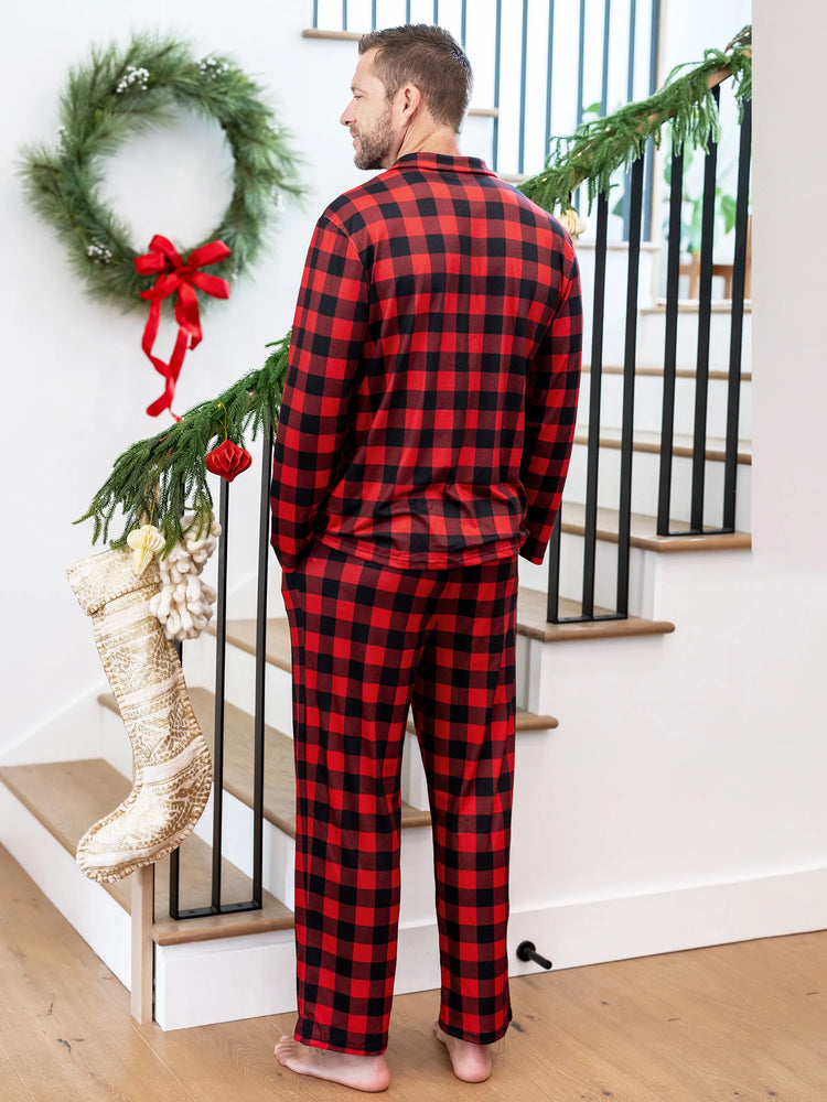 Christmas Matching Family Pajamas Set Allover Red Grid Print Long-sleeve Collared PJS with Christmas Socks Red