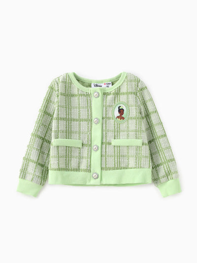 Disney Princess Toddler Girls Tiana 2pcs Preppy Plaid Tweed Cardigan with Skirt Set Green
