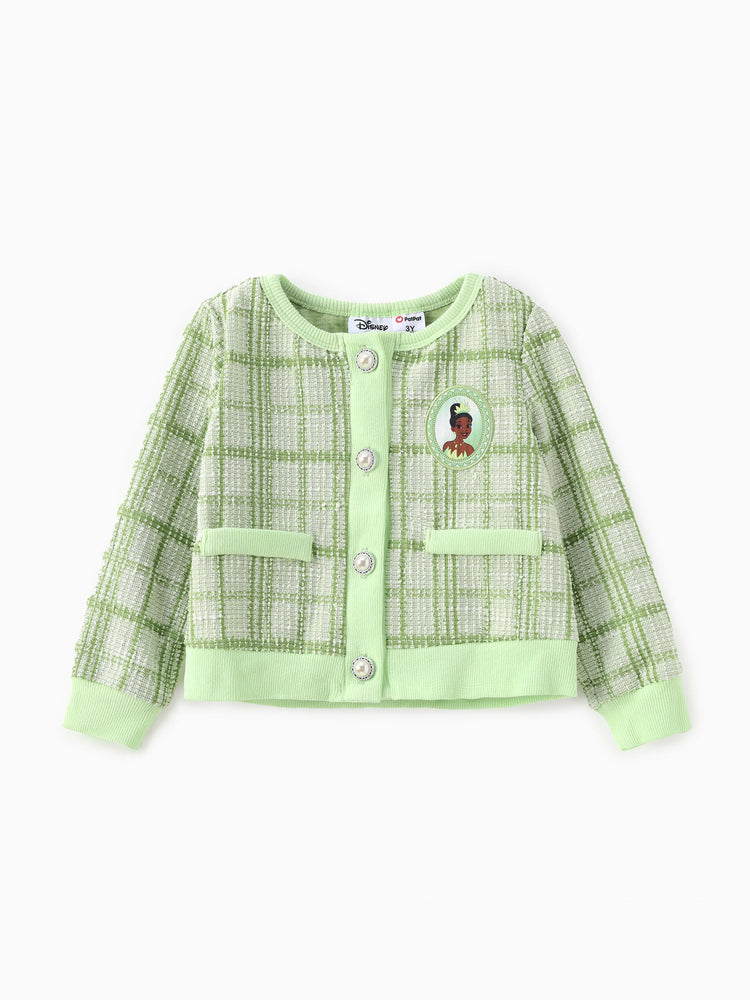 Ensemble 2 pièces princesse Disney Tiana pour petite fille, cardigan en tweed à carreaux style Preppy avec jupe, vert