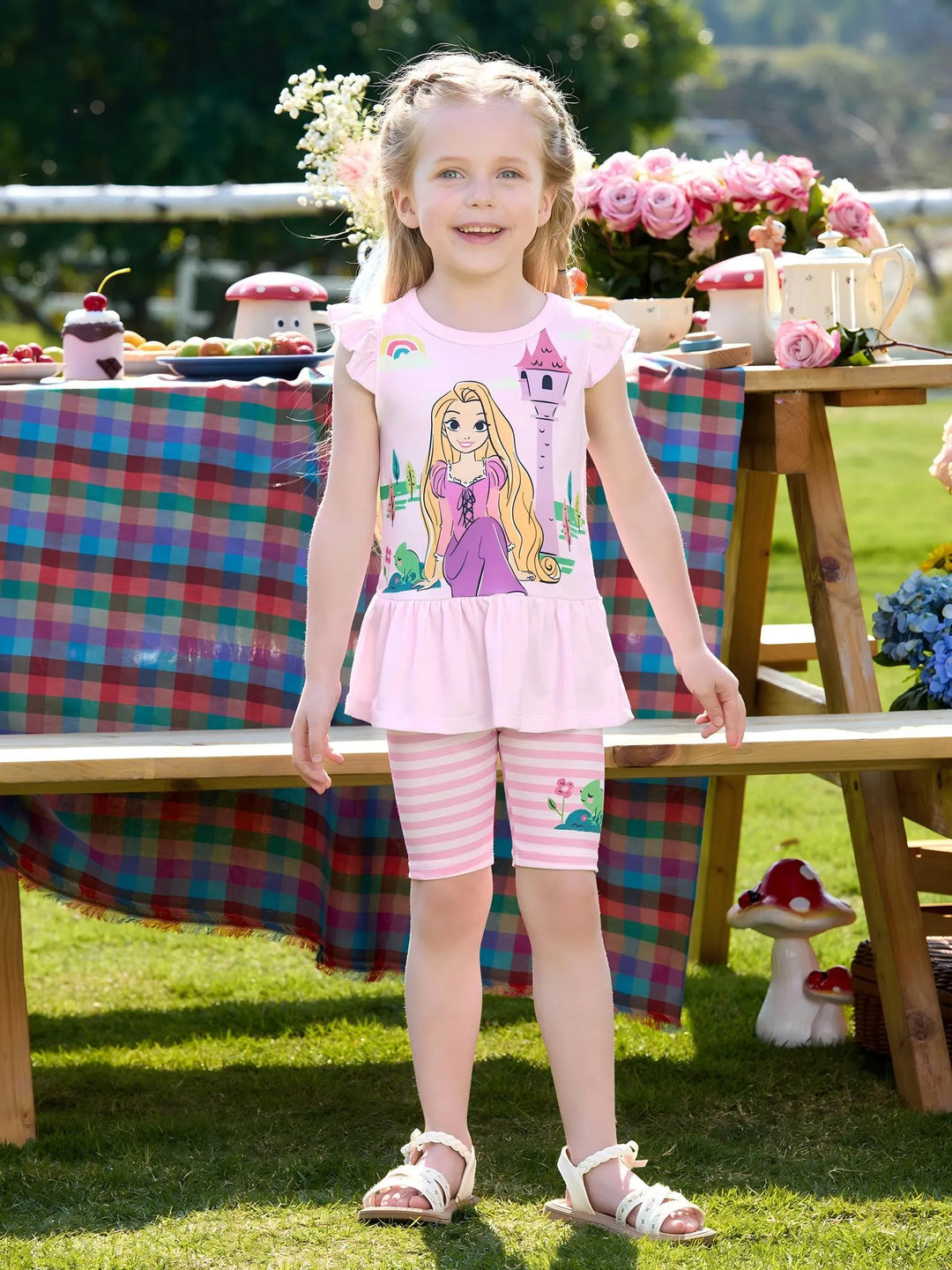 Disney Princess Toddler Girl 2pcs Naia™ Rapunzel Print Ruffled Top with Stripped Leggings Set Pink