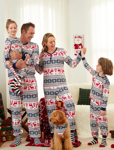 Christmas Family Matching Allover Print Long-sleeve Pajamas Sets (Flame Resistant) BLUEWHITE