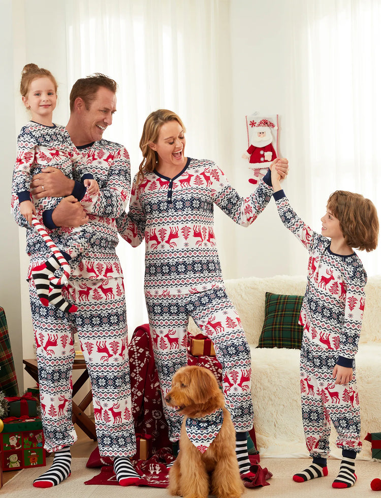 Christmas Family Matching Allover Print Long-sleeve Pajamas Sets (Flame Resistant) BLUEWHITE