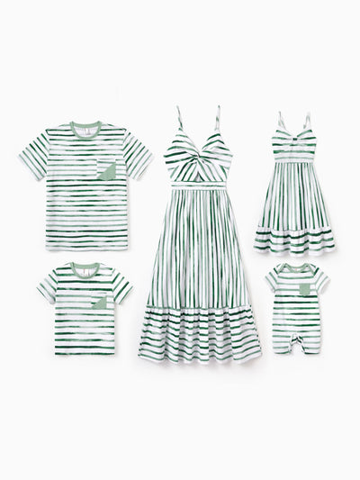Family Matching Cotton Outfits Set Green Striped T-Shirt and Dress Set for Dad, Mom, Kids & Baby, Perfect for Summer Family Outings & Photos Green