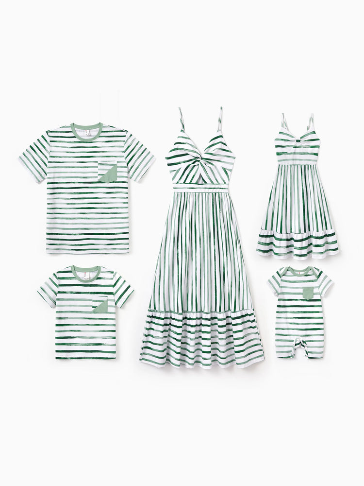 Family Matching Cotton Outfits Set Green Striped T-Shirt and Dress Set for Dad, Mom, Kids & Baby, Perfect for Summer Family Outings & Photos Green