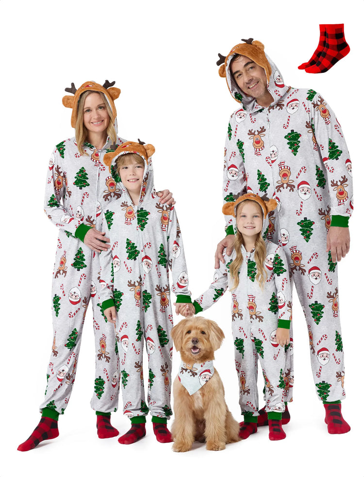 Grey Christmas Pajamas 3D Reindeer Pattern Zipper Onesies Matching Family Outfits Light Grey